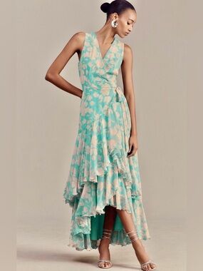 Hutch Trinity Chiffon Wrap Dress Mint and Cream Floral High-Low Wrap Dress- NWOT